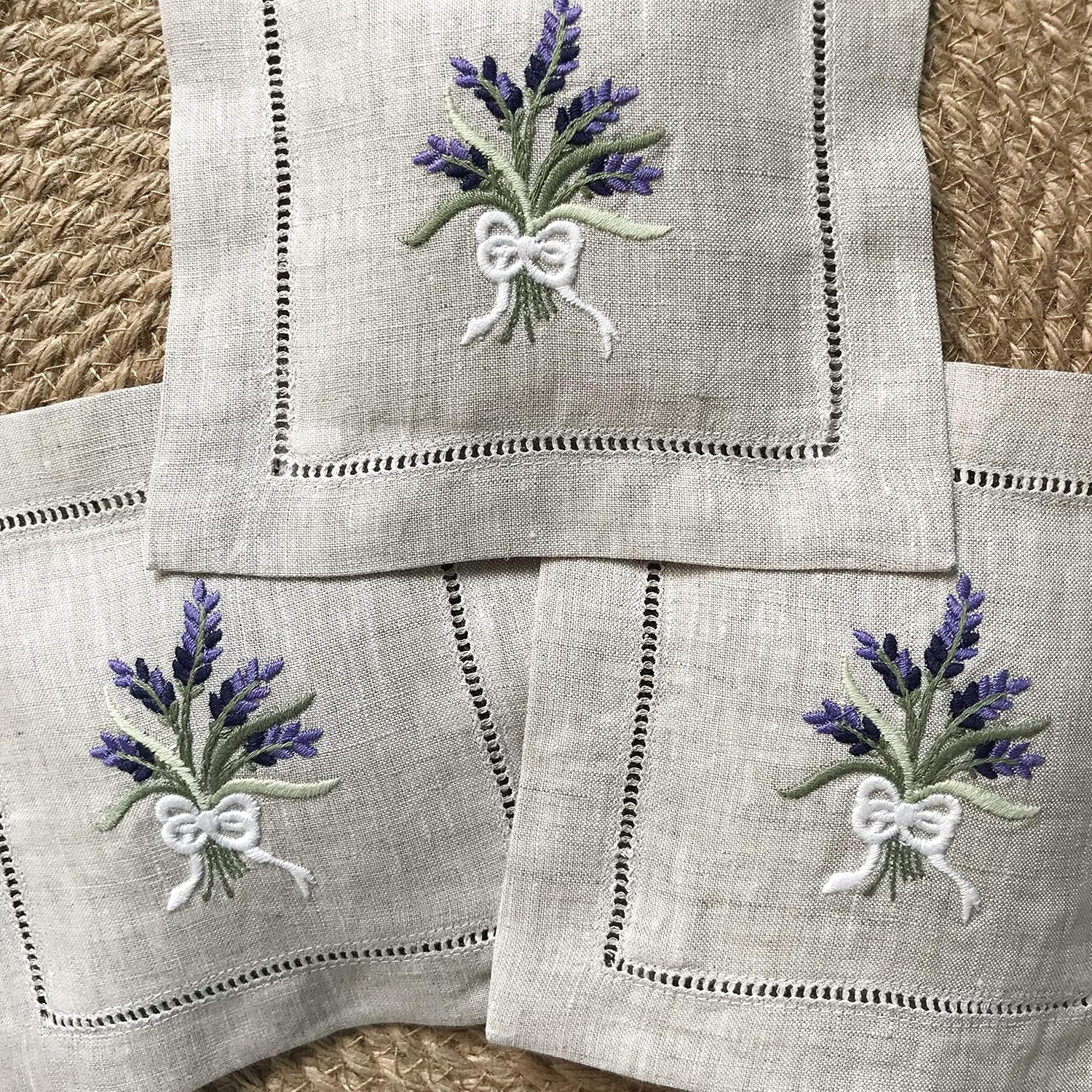 Hand Embroidered Lavender Sachet Bag Wheat Embroidery Natural Linen 6"x6", Set of 3