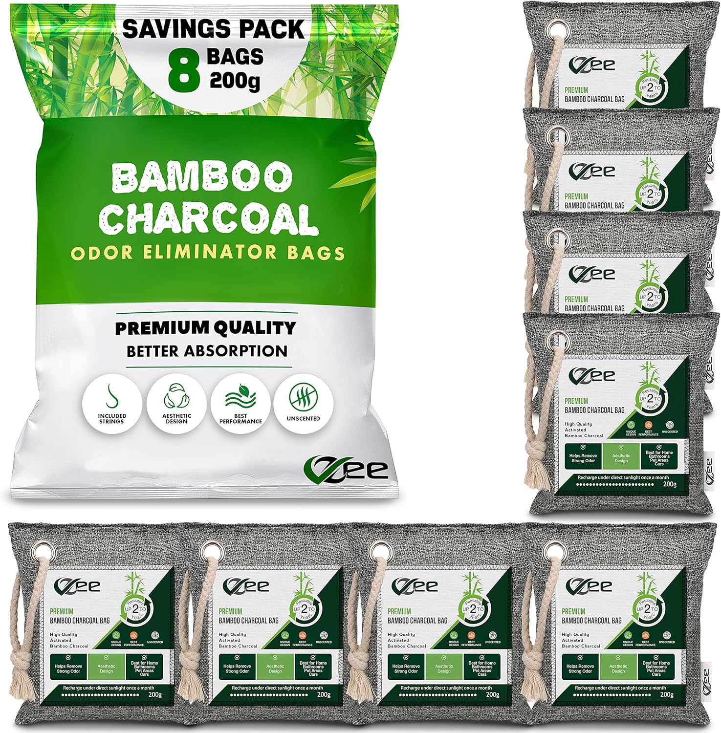 8 XL Bags x 200g Bamboo Charcoal Odor Absorber (1,600g Total),Activated Charcoal Air Purifying Bag, Odor Eliminator for Home, Basement, Smoke, Mothball, Pet, Car, Closet, Shoes