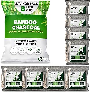 8 XL Bags x 200g Bamboo Charcoal Odor Absorber (1,600g Total),Activated Charcoal Air Purifying Bag, Odor Eliminator for Home, Basement, Smoke, Mothball, Pet, Car, Closet, Shoes