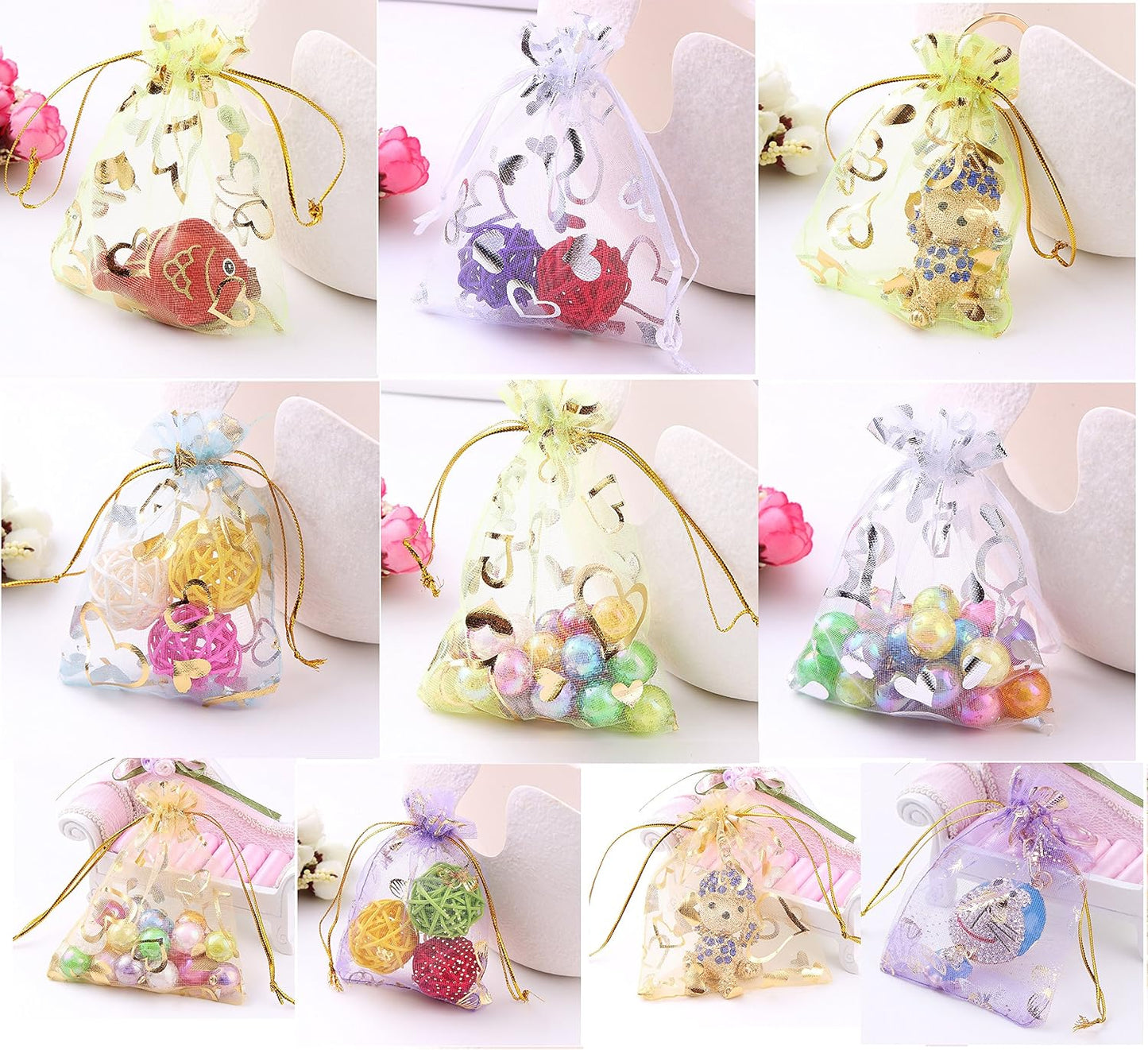 Wudygirl 100 PCS Organza Bags 3.54X4.72 inches Small Jewelry Bags with Drawstring Wedding Christmas Party Lavender Sachets Soaps Marbles Coins Bag (Mix Heart)