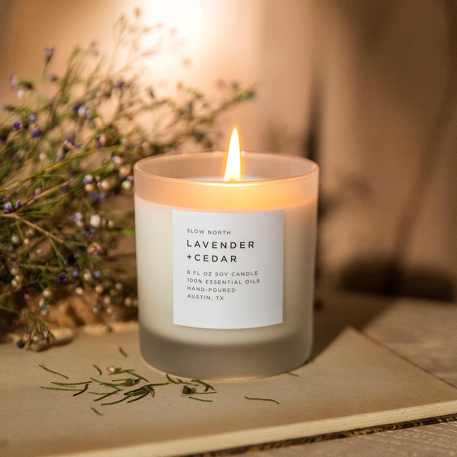 Slow North Lavender + Cedar Candle - Essential Oils and Pure Soy Wax Candle in a Reusable Frosted Glass Jar - A Unique Scented Candle Hand-Poured in the USA (8 oz)