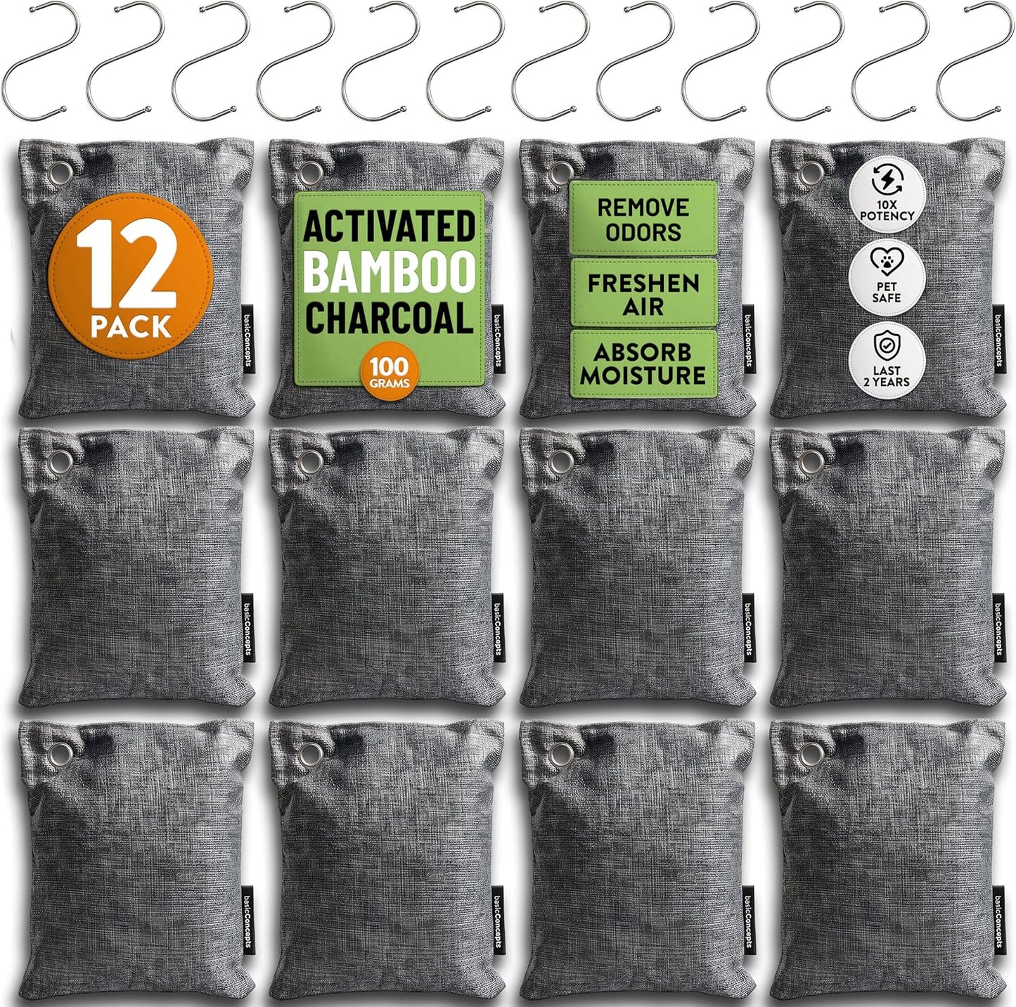 Activated Bamboo Charcoal Odor Absorber Bags for Strong Odors - 12 Pack Large 100g Air Purifying Bags, Natural Activated Charcoal Deodorizer for Shoes, Closet, Car, Gym Bag, Bathroom & Home