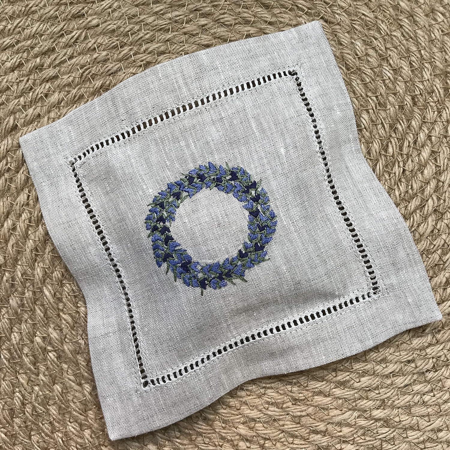 Hand Embroidered Lavender Pillow Sachet Bag “Lavender Crown” Natural Linen Cushion 6"x6", Set of 3