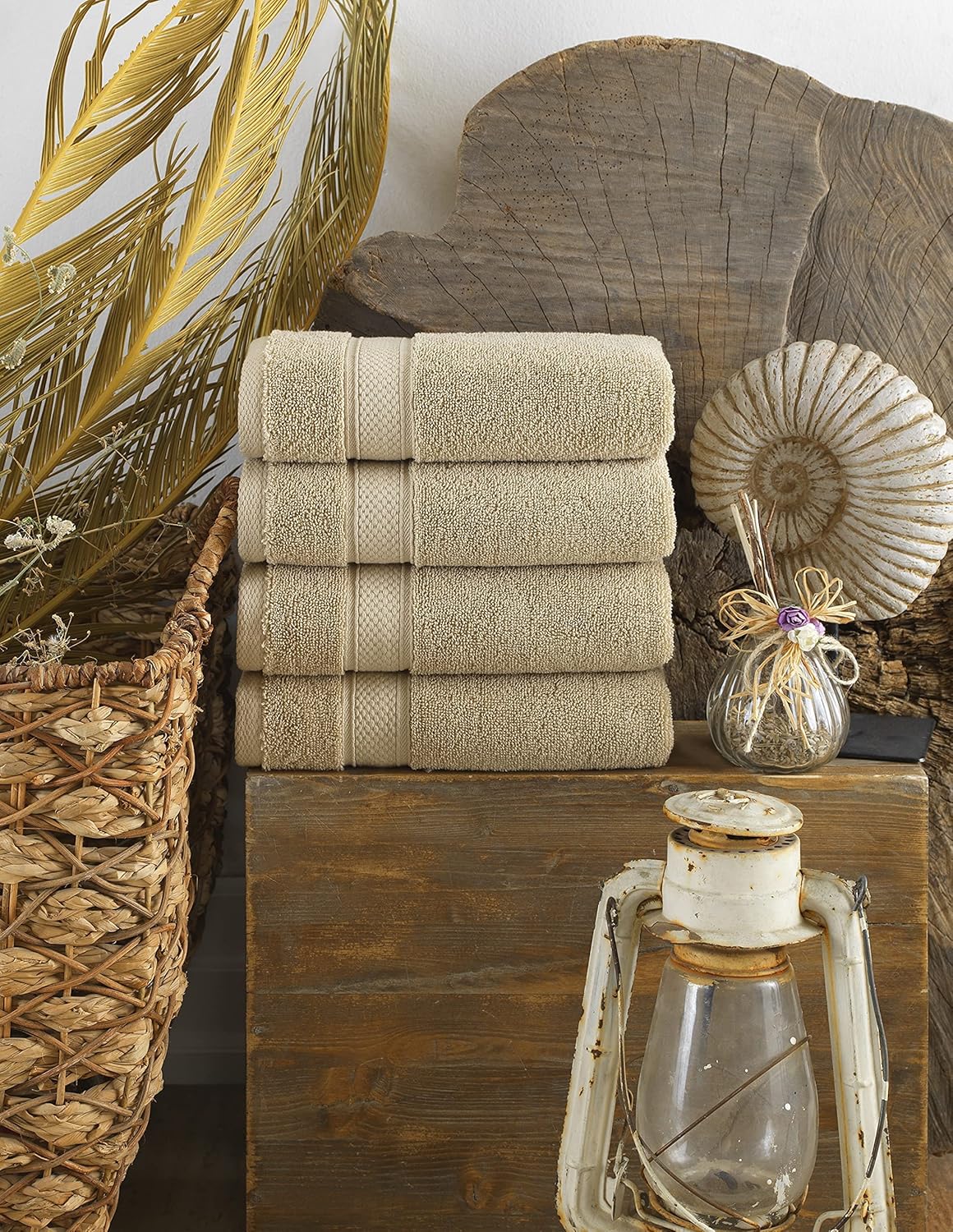 NOVA Luxury Linen - Hotel Quality Turkish Towel Set for Bathroom (4 Pcs Hand Towel Set, Warmsand Beige)