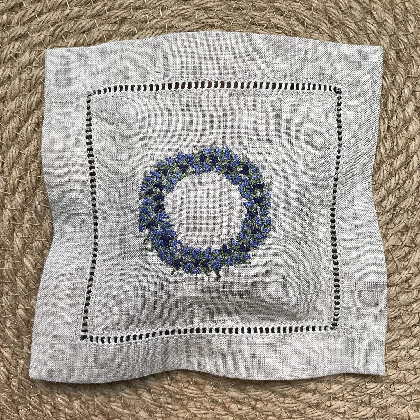 Hand Embroidered Lavender Pillow Sachet Bag “Lavender Crown” Natural Linen Cushion 6"x6", Set of 3