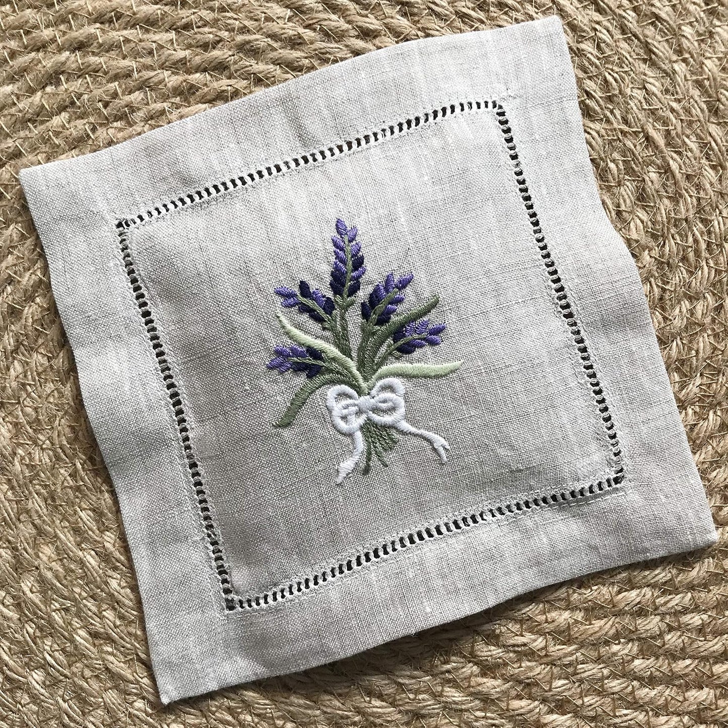 Hand Embroidered Lavender Sachet Bag Wheat Embroidery Natural Linen 6"x6", Set of 3