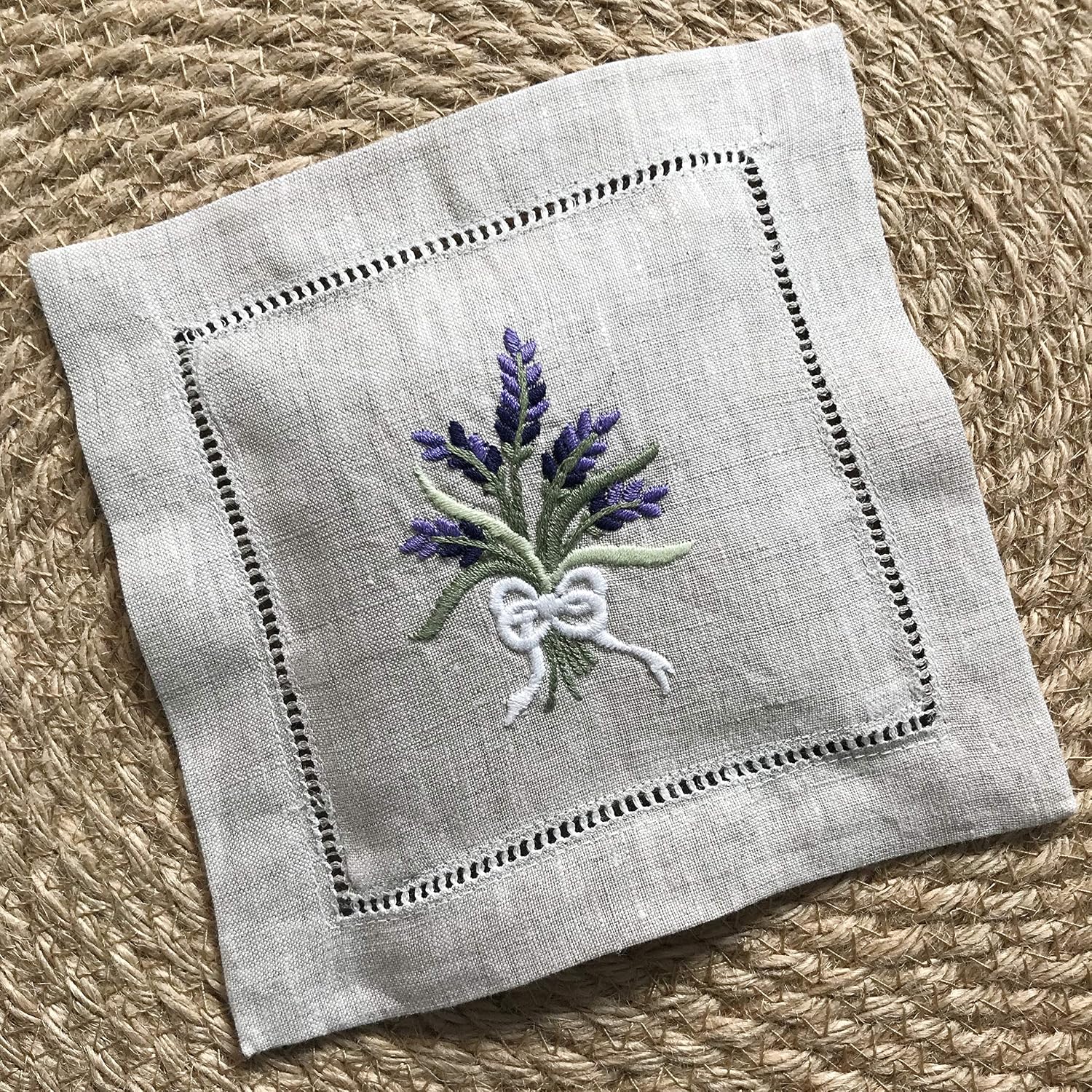 Hand Embroidered Lavender Sachet Bag Wheat Embroidery Natural Linen 6"x6", Set of 3