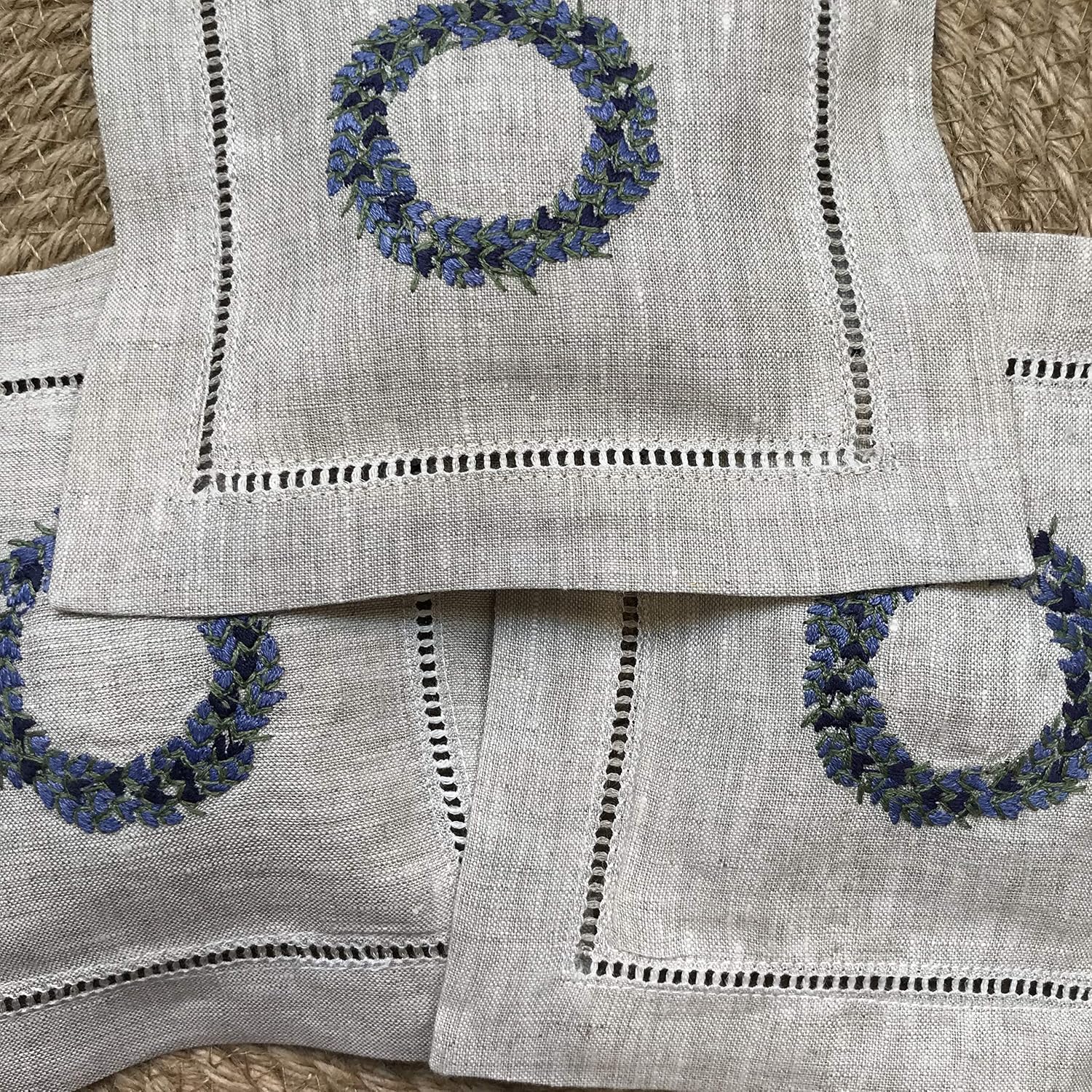 Hand Embroidered Lavender Pillow Sachet Bag “Lavender Crown” Natural Linen Cushion 6"x6", Set of 3