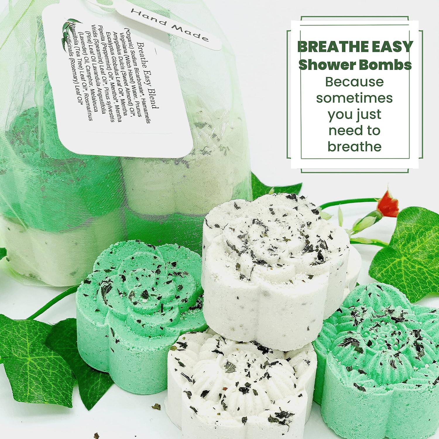 Breathe Easy Aromatherapy Shower Bombs (5PK XTRA STRENGTH) – Menthol, Peppermint, Rosemary Essential Oils – Ease Sinus, Colds, Cough, Congestion – Spa Christmas Gift (No Shower Bomb Bag)