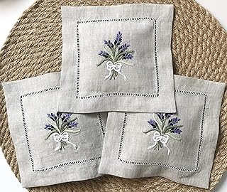 Hand Embroidered Lavender Sachet Bag Wheat Embroidery Natural Linen 6"x6", Set of 3