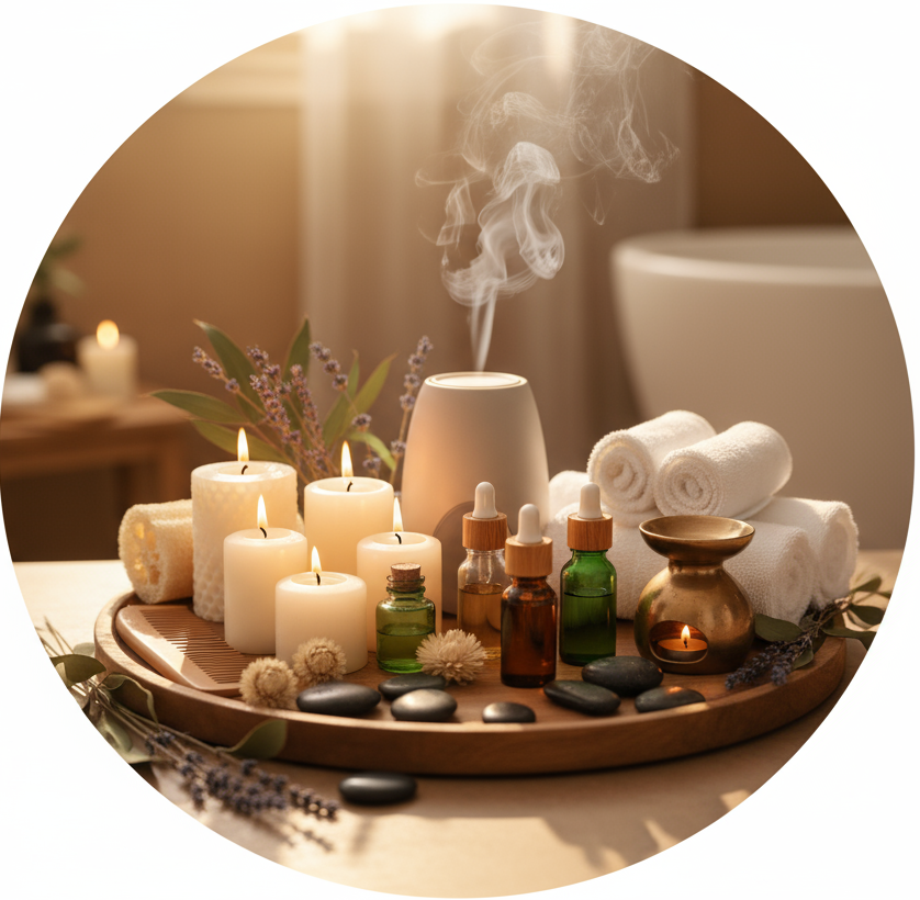 Lit candles, a misting diffuser, essential oil bottles and rolled towels on a wooden tray beside a bathtub.