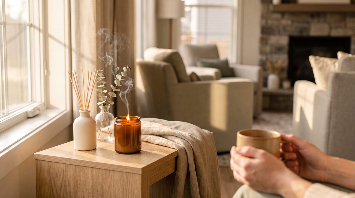 A lit candle and reed diffuser on a side table in a warm living room