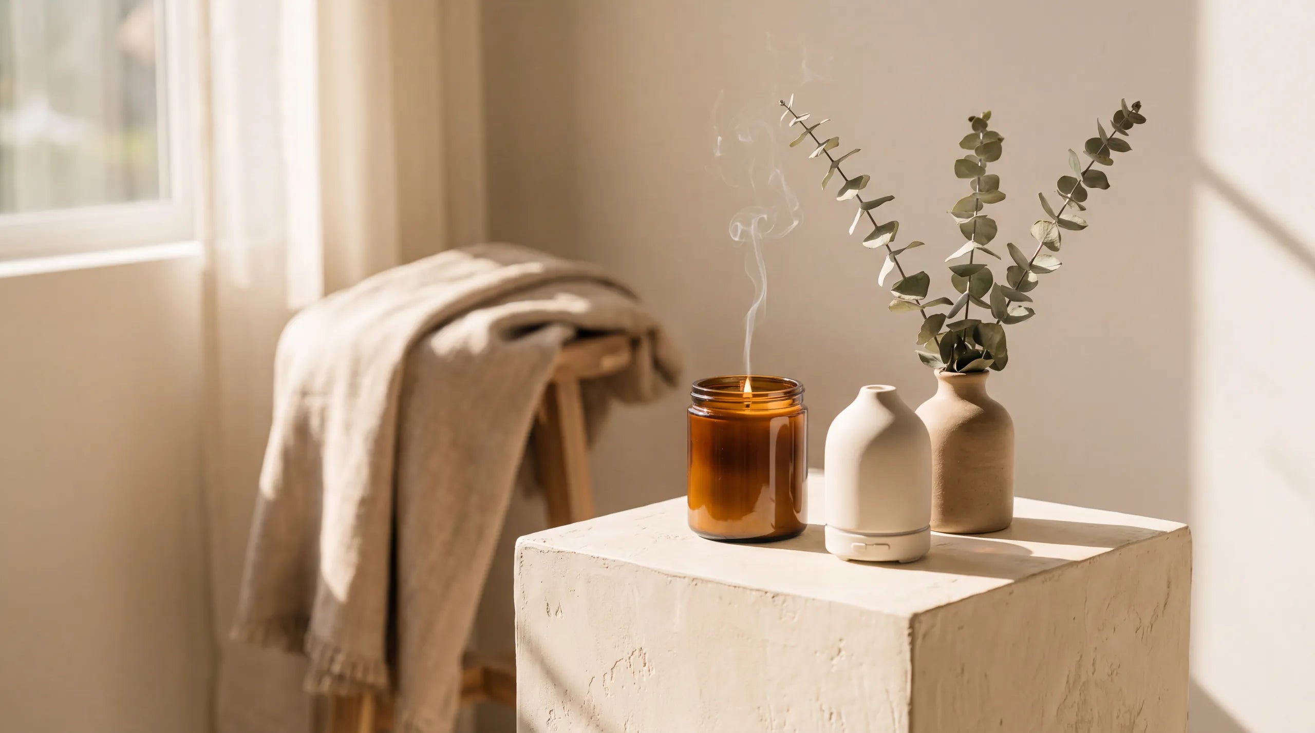 A lit amber candle with a wisp of smoke, a cream ceramic diffuser and eucalyptus stems on a plaster plinth in warm afternoon light